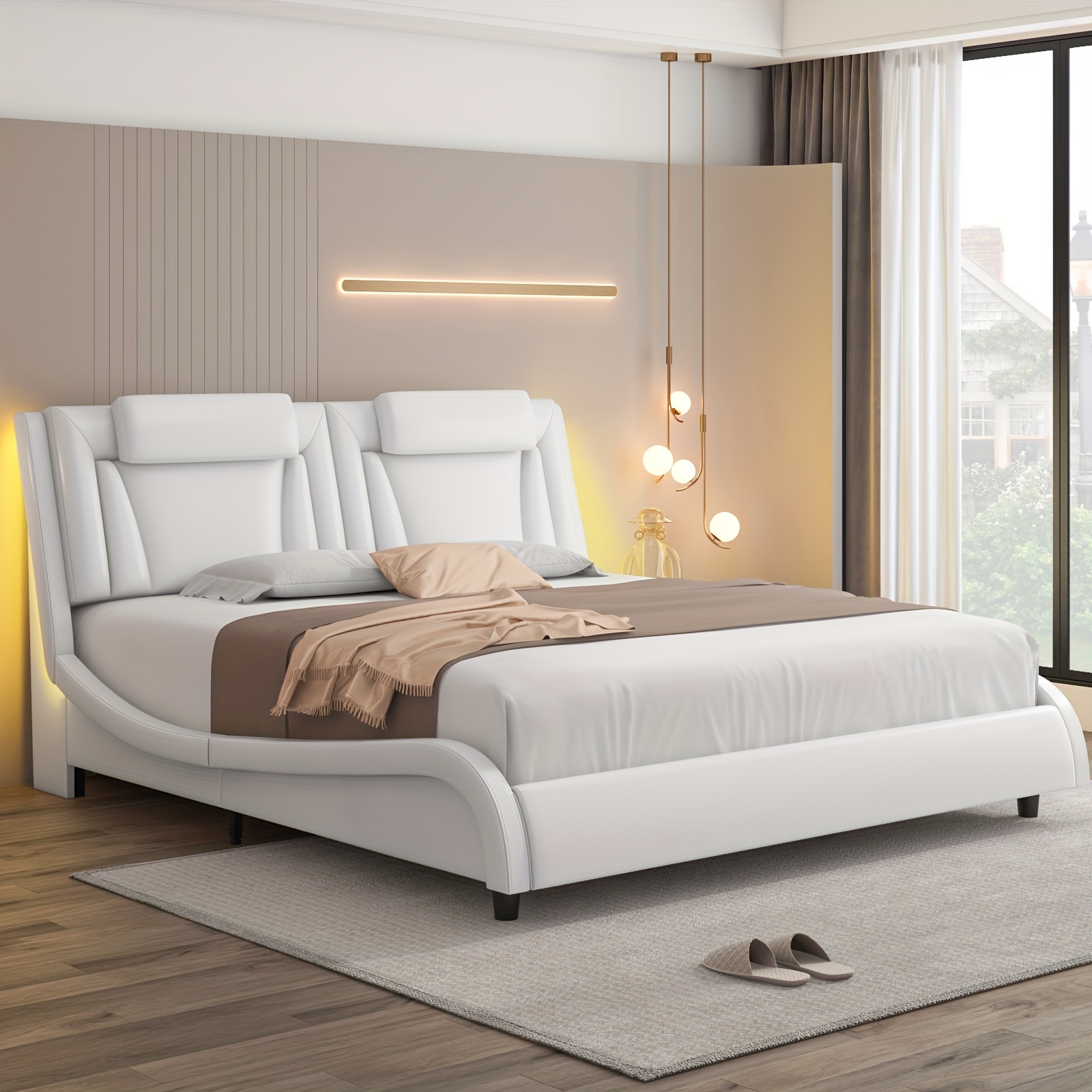 Upholstered Bed Frame Available in Full, Queen, And King Sizes Featuring an Adjustable Headboard, a Wavy Design, a Removable Backrest, And Solid Wooden Slats for Support, Eliminating The Need for a Box Spring, Offered in Faux Leather in White