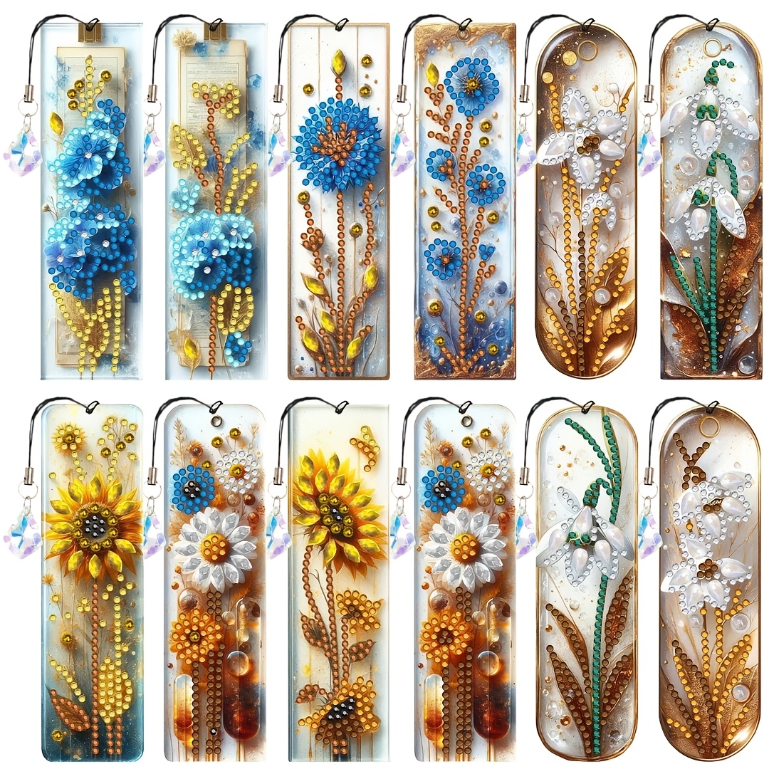 TEMU 12pcs Set Of Exquisite Floral Diamond Painting Bookmarks, Designed Decoration Bookmarks, Equipped With Hanging Ropes And Crystal Pendants, For