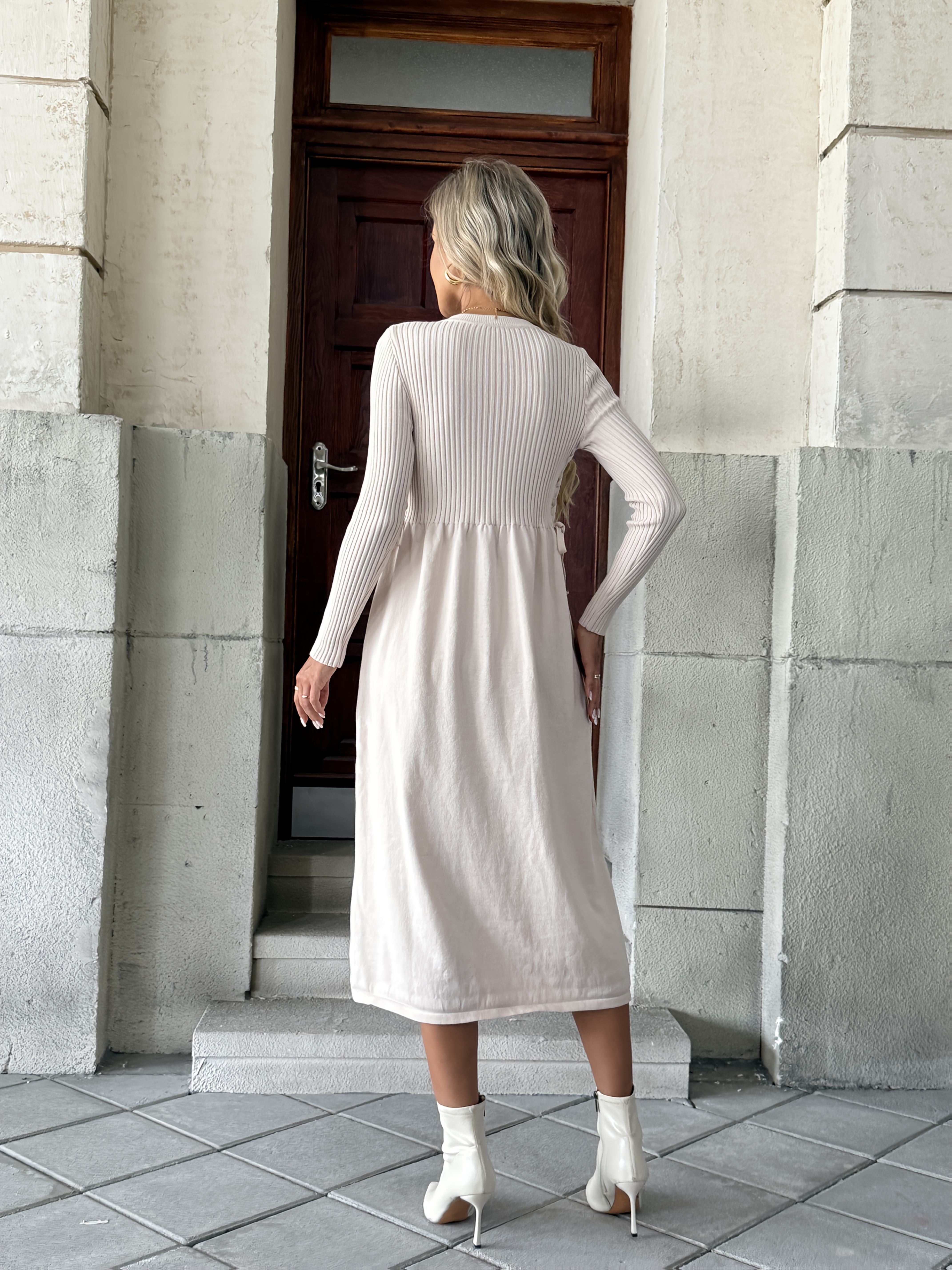 elegant long sleeve dress women solid color beige crew neck - Temu Oman