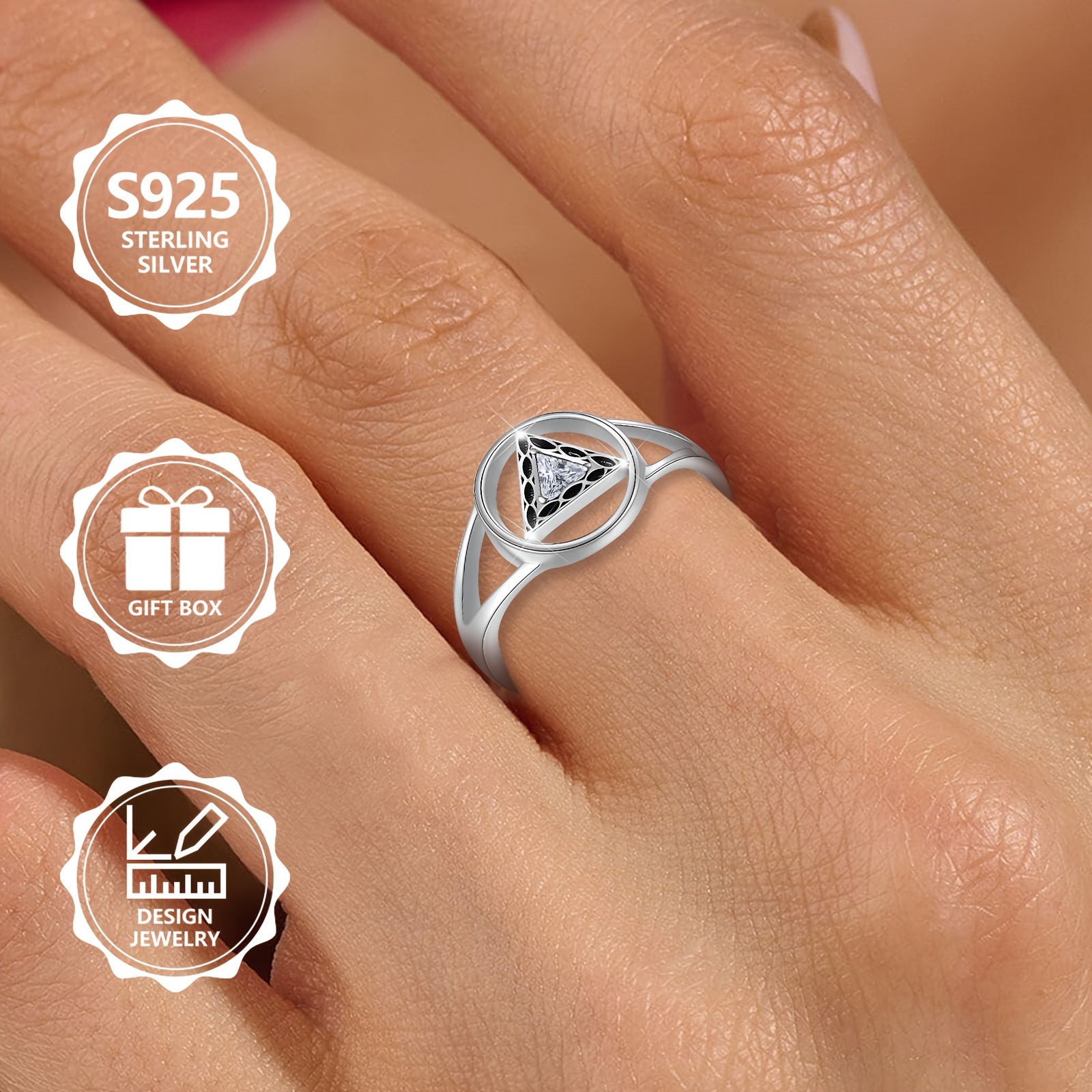 925 Sterling Silver Triangle Zirconia Hollow Circle Ring