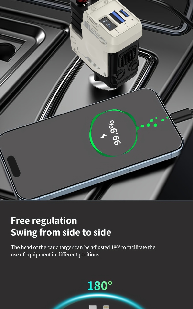 [Fast Car Charger] 120W 4-in-1 Retractable Fast Charging Car Charger - PD 3.0 Type-C Mobile Phone Charger For IPhone, Xiaomi, Huawei, Samsung Smartphone - Short Circuit Protection, Over Heat Protection, Over Voltage Protection, Over Charge Protection