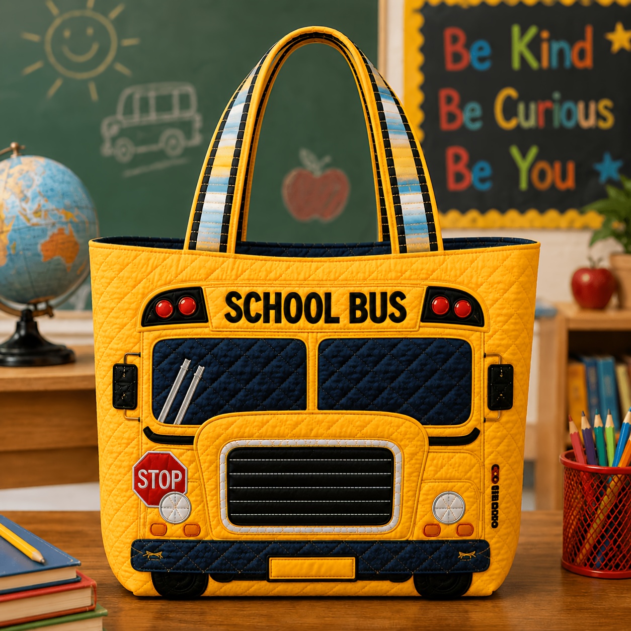1pc Women's Quilted Tote Bag, Handbag And Shoulder Bag, Yellow School Bus Books School Print, Lightweight Spacious Carryall For School Work Travel, Women Teachers Students, Back To School Gift