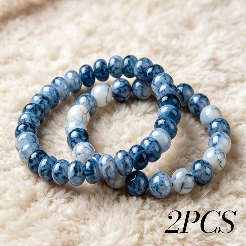 TEMU 2pcs Stone Bead Bracelet Set With Elastic Wristbands - Bohemian Beaded Suitable For , Stone Beads For Daily Wear, Casual Unisex For And, Gift