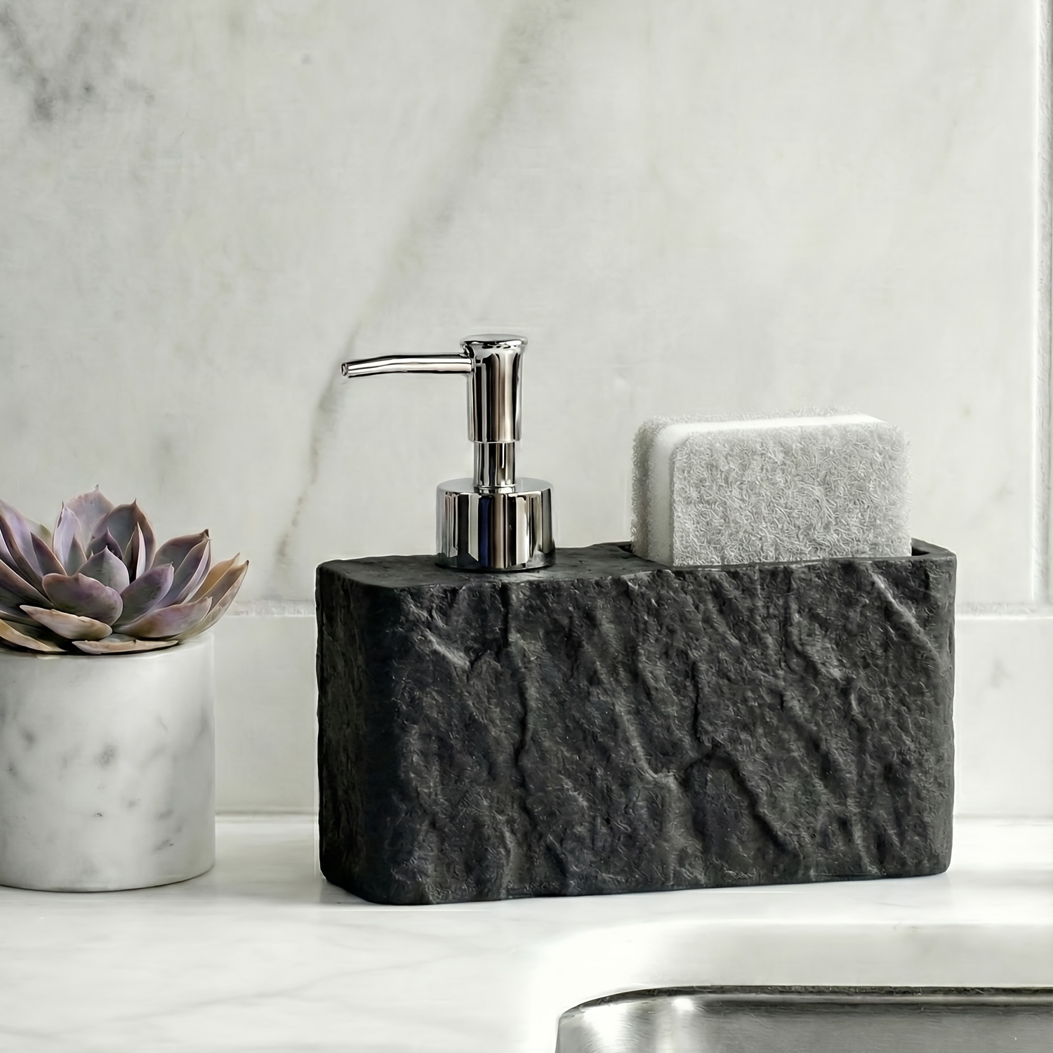 Kitchen Soap Dispenser with Sponge Holder, 2-in-1 Resin Stone Texture Dish Soap Pump and Caddy Organizer for Kitchen Sink Countertop