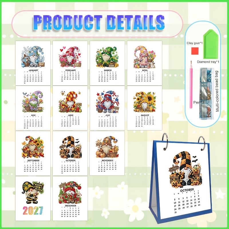 TEMU 1 stuks Schattige Seizoensgebonden Tuinman Strass Diamant Schilderen Handgemaakt 2027 Kalender, Nieuwjaarskalender, Bureau Kalender, Creatief