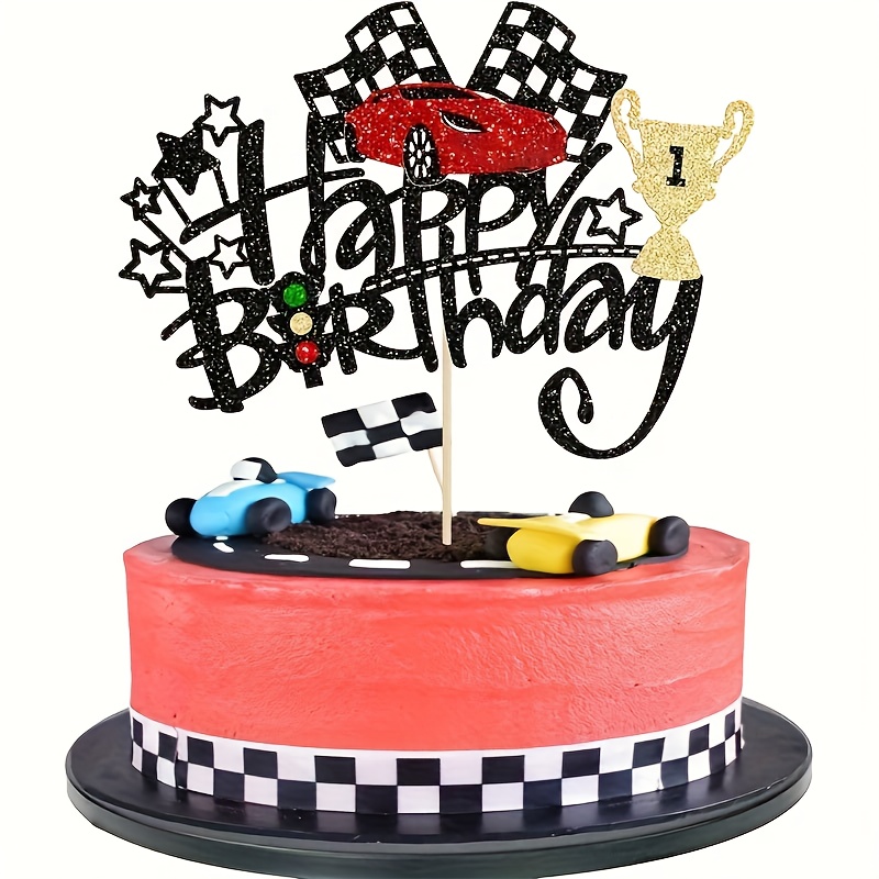 Image of 1pc Race Birthday Cake Topper Glitter Traffic Light Trophy Flag Helmet Racing Car Cake Picks For Theme Baby Shower Birthday Party Decorations Supplies