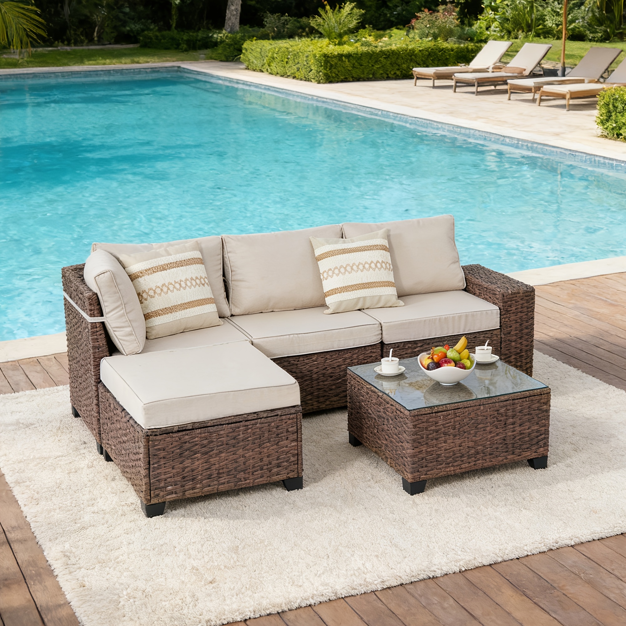 RAISED Patio Furniture Set, 2piece/3piece/4piece/6piece Wicker Outdoor Patio Furniture Sets with Cushions And Coffee Table, Outdoor Sectional Boho Patio Conversation Set Sectional Sofa for Backyard, Porch, Beige/Blue