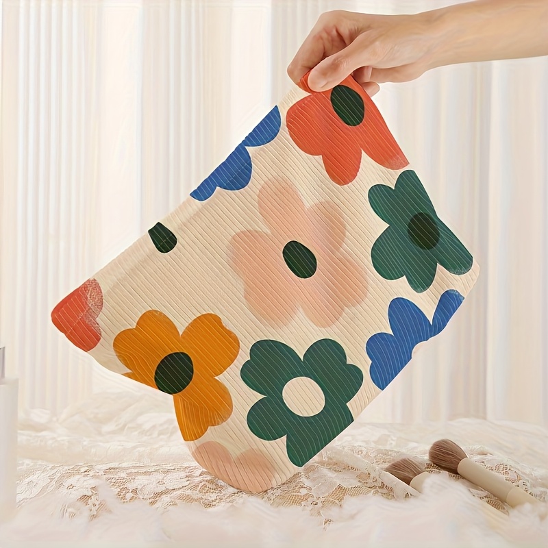 TEMU Colorful Floral Patterned Corduroy Makeup Bag - A Lightweight Zippered Pouch For Organizing Cosmetics, Suitable For Men's And Women's Toiletries And Additions