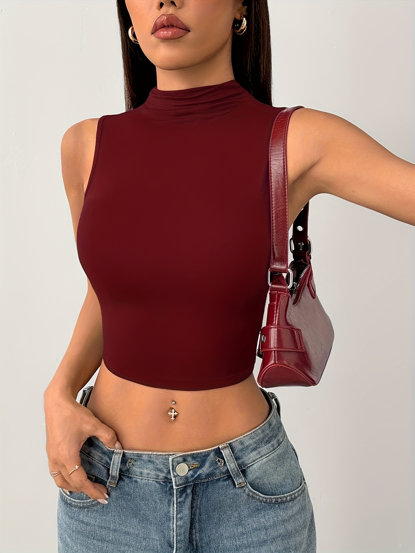 Women'S Y2K Style Half-Turtleneck Sleeveless Crop Top Solid Color Maroon,  Stretchy Polyester Blend, Form-Fitting Summer Shirt for Casual or Chic Out