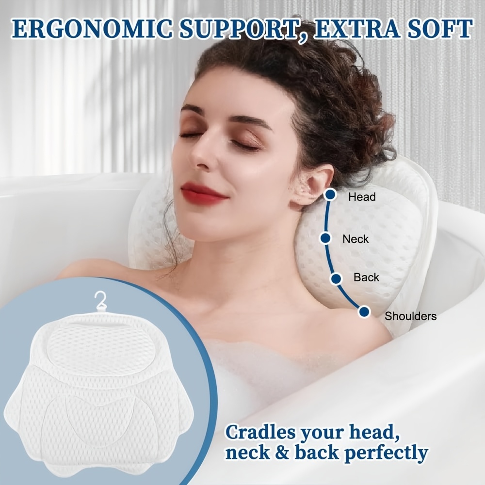 Image of Bath Pillow Luxury Bathtub Pillow, Bath Pillows For Tub Neck And Back Support, Bath Tub Pillow Headrest With Soft Mesh Fabric And Non-slip Suction Cups, Fits All Bathtub Relaxing Bath Additions