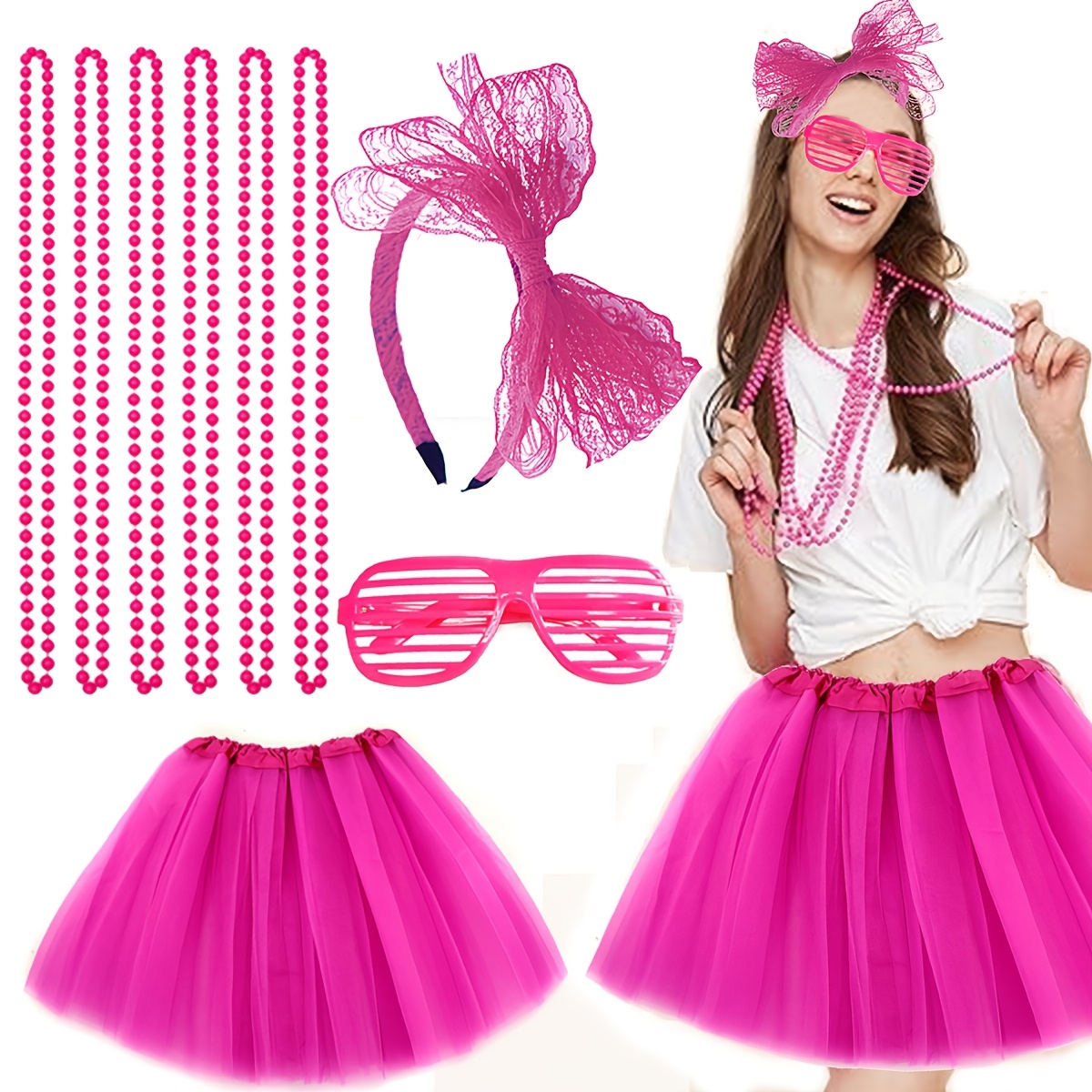 Déguisement Années 80 Femme - Accessoires Neon Disco Avec T-Shirt, Bandeau, Boucles Et Colliers - Costume Carnaval