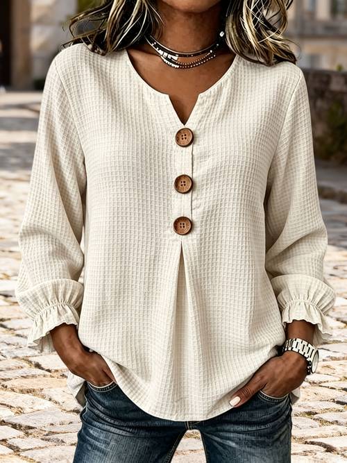 casual v neck waffle blouses tops for women retro long sleeve shirting top buttons design for daily wear work vacation outfits