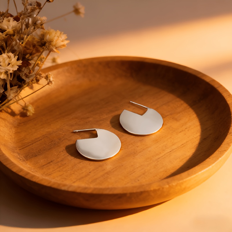 TEMU Light Luxury Premium Pierced Disc Stud Earrings Nordic French Face Earrings Temperament Elegant Women's Ear Jewelry