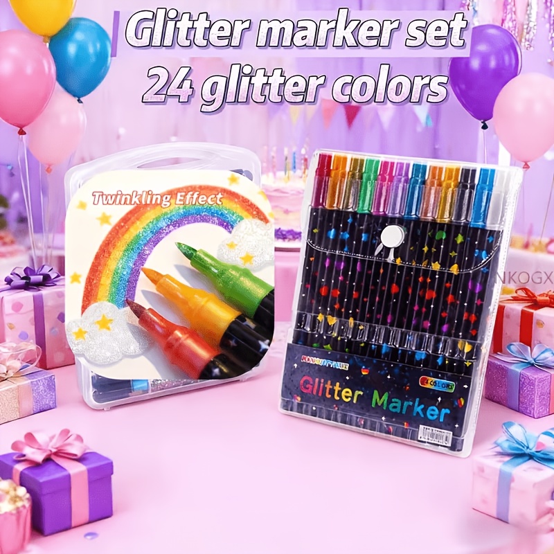 E-shop 24 Farben Doppelkopf Glitzer Farbstifte mit schnelltrocknender, klebrigem Tinten - Feine Spitze von der Spitze bis zur Basis für Scrapbooking,