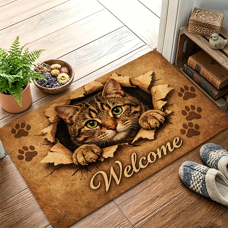 TEMU 1pc Vintage Kitten Welcome Suitable For Indoor/outdoor Use, Soft Flannel With Cute Cat, Machine Washable Entryway Suitable, Dining Room, Front