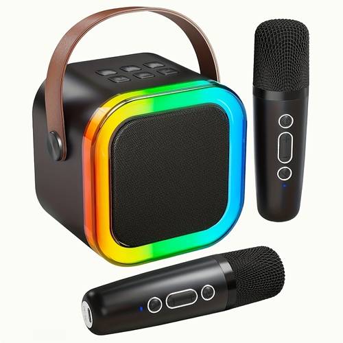 mini portable with 2 wireless microphones colorful led lights rechargeable lithium battery usb charging ideal for home parties birthdays and valentines day gifts karaoke equipment modern karaoke machine machine