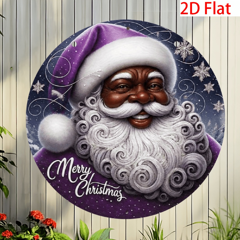 TEMU 【2d Flat】 [2d Flat] 1pc Modern Santa Claus Metal Wall Decor - Purple Golden Christmas Ornament With Merry Christmas Text - Elegant , Lightweight