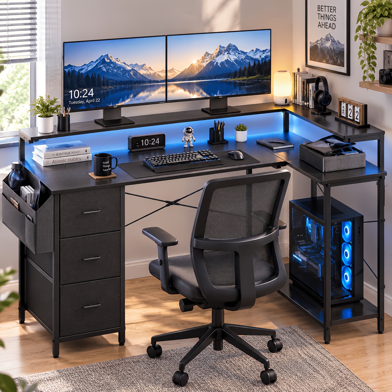 Image of L-shaped Gaming Desk With Outlet - Gamer Desk, 120/140cm Computer Desk With Storage Shelves And Fabric Drawer And Bag, Corner Game Table With Monitor Stand, Home Office, Thanksgiving Or Christmas Gift