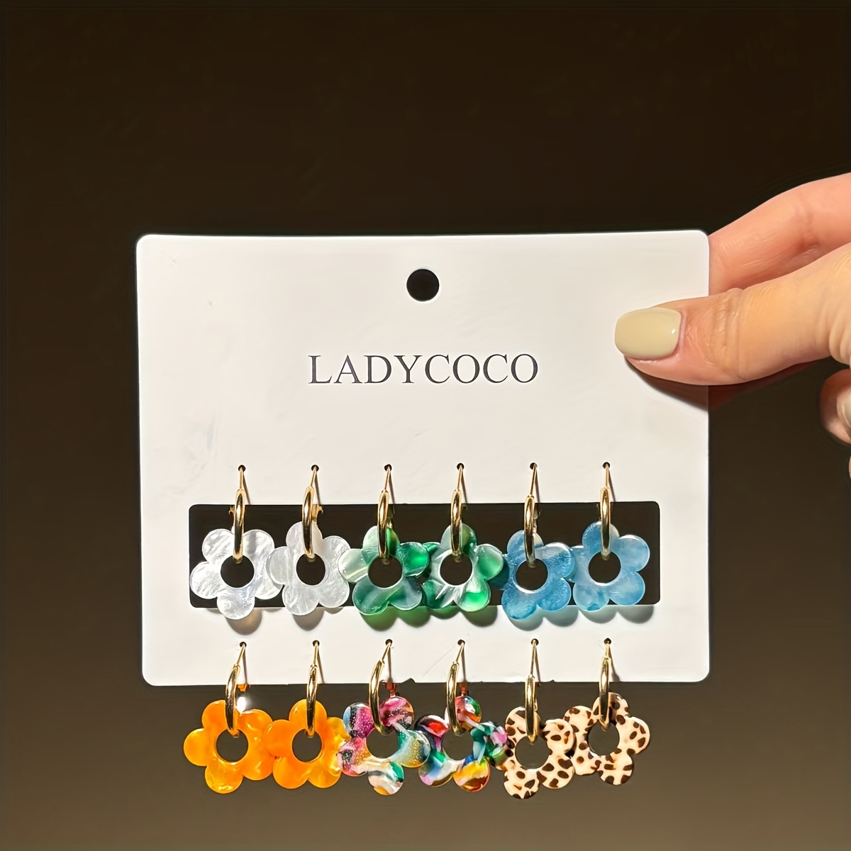 TEMU Set Of 6 Multicolored Flower Hoop Earrings, Acrylic Leopard Print Contrasting Color Earrings, Sweet And For Everyday And Party Wear