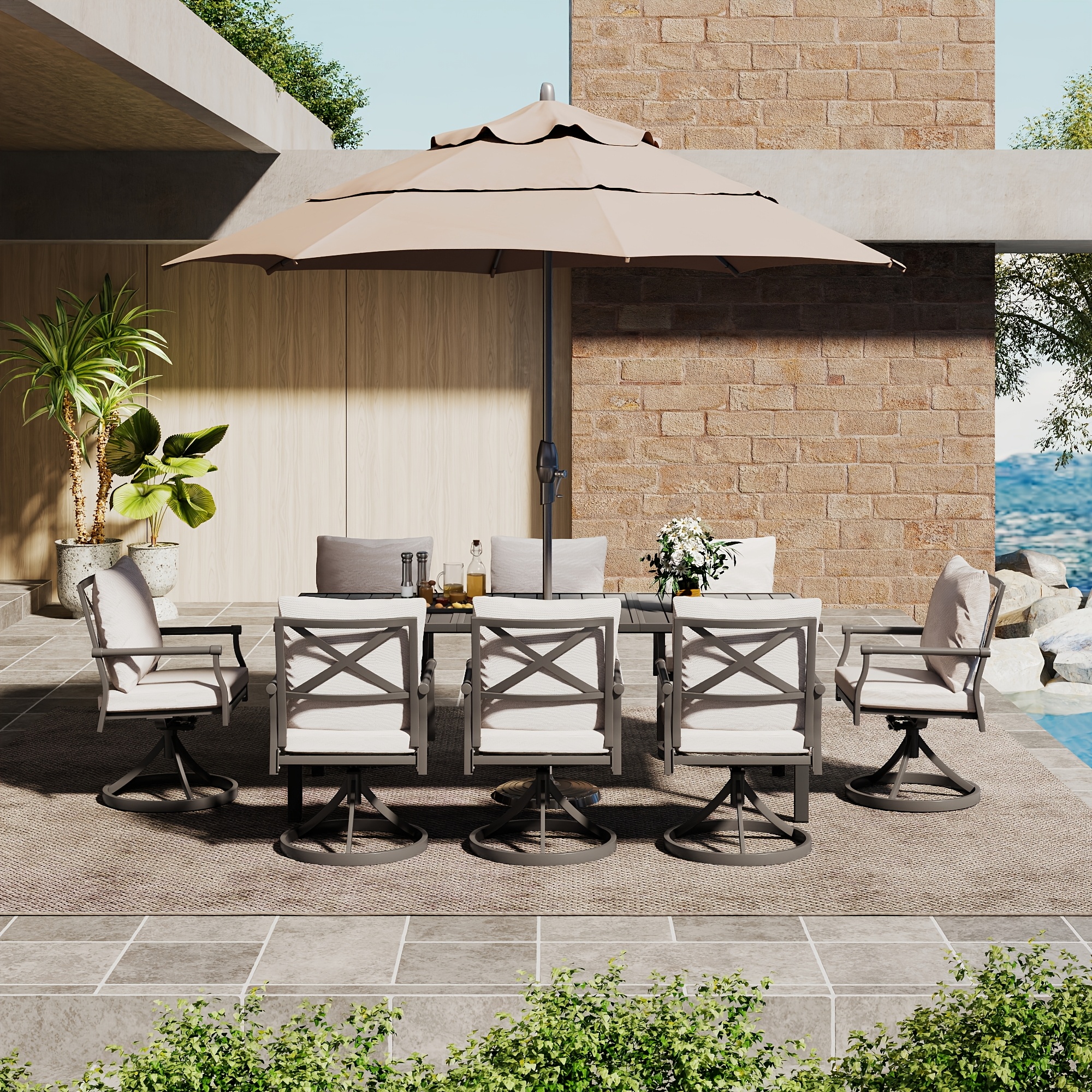 9pcs Outdoor Dining Arrangement - Patio Set for 8 People. Comes with 1 Rectangular Table And 8 Swivel Chairs with Cushions, Suitable for Lawn And Garden