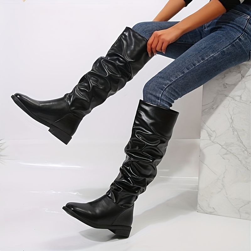 

Women's Slouchy Mid-calf Boots With Block Heel, Square Toe, Pull-on Closure, Solid Color, Man-made Upper, Superfine Fiber Interior, Rubber Sole - Comfortable Fashion Footwear