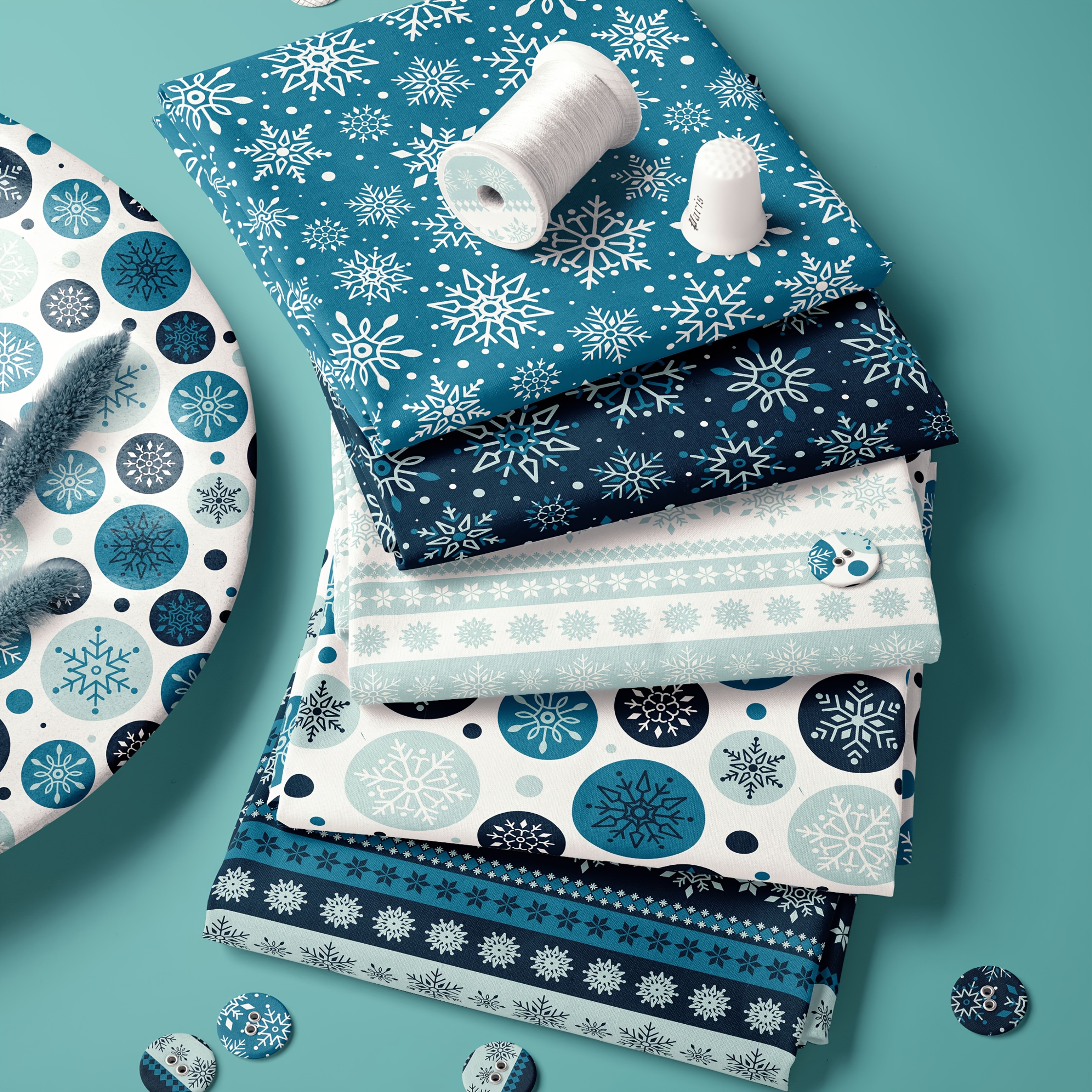 TEMU 5pcs Set, Blue-white Tones, Multi-snowflake Element Pattern Themes For Handmade Craft Decoration, Pre-cut Fat Eighth Fabric Bundles 120gms,