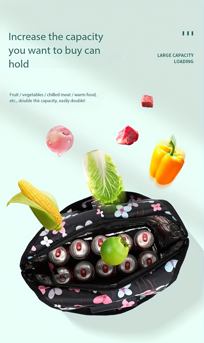 1pc Elegant Heart & Floral Pattern Foldable Shopping Cart with Telescopic Aluminum Handle – Portable 4-Wheel Rolling Grocery & Camping Cart, Black with Blue & Pink Hearts, Hand Wash Only, Travel Storage Cart | Elegant Pattern Design | Durable Fabric Cart