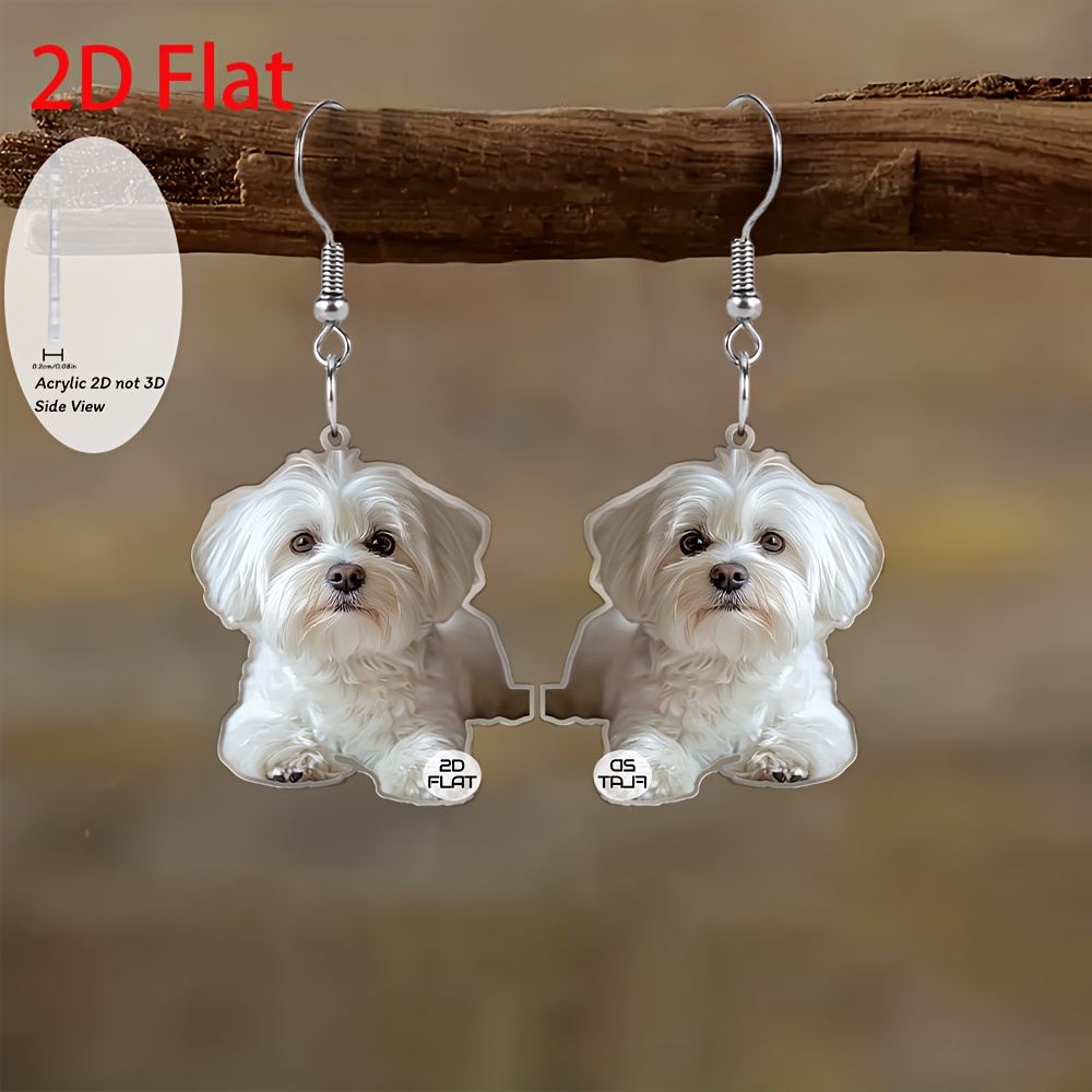 TEMU Boucles d'oreilles pendantes 2D plates, gros plan d'un chiot blanc, bijoux , cadeaux de fête, cadeaux pour et , occasions spéciales, tenue