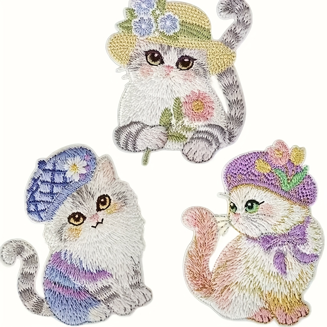 TEMU かわいい！ 刺繍入り猫パッチ、自己粘着式猫 縫い付け不要 刺繍布パッチ 漫画の動物刺繍パッチ リアルな刺繍 衣類の装飾に最適 スカーフ、帽子、バッグ、スマホケースに ペットの飼い主の服装にの目を引くアクセサリー