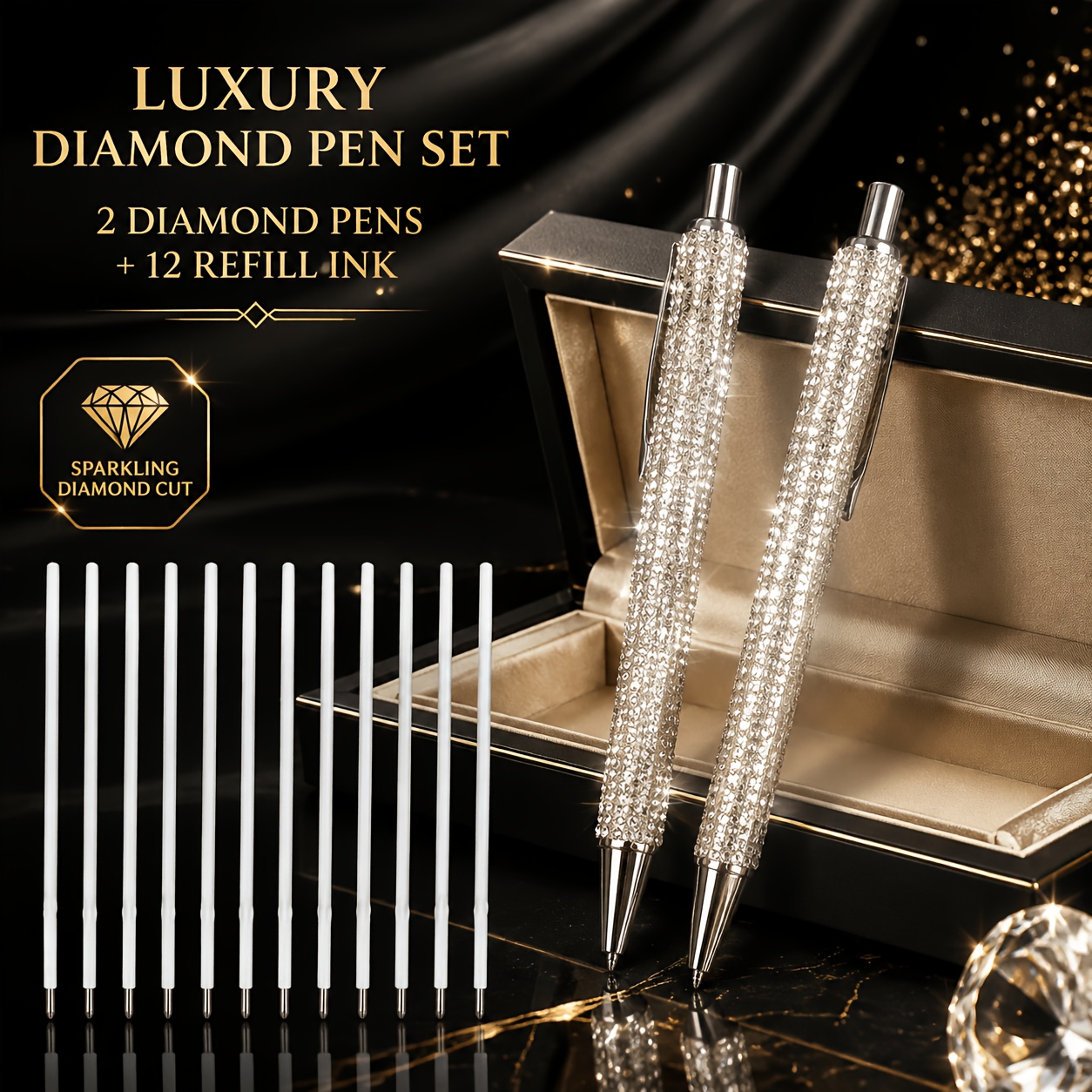 TEMU 14pcs Light Diamond Ballpoint Pen Set 2pcs Pens And 12pcs Refills Sparkling Office Supplies Creative Gift Writing Pen Suitable For Teachers And