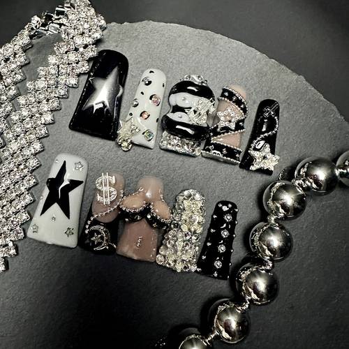 10pcs long duckbill dark sweet with heavy duty chains and star shaped three dimensional decoration pure handmade press on nails suitable for birthday gifts and weddings