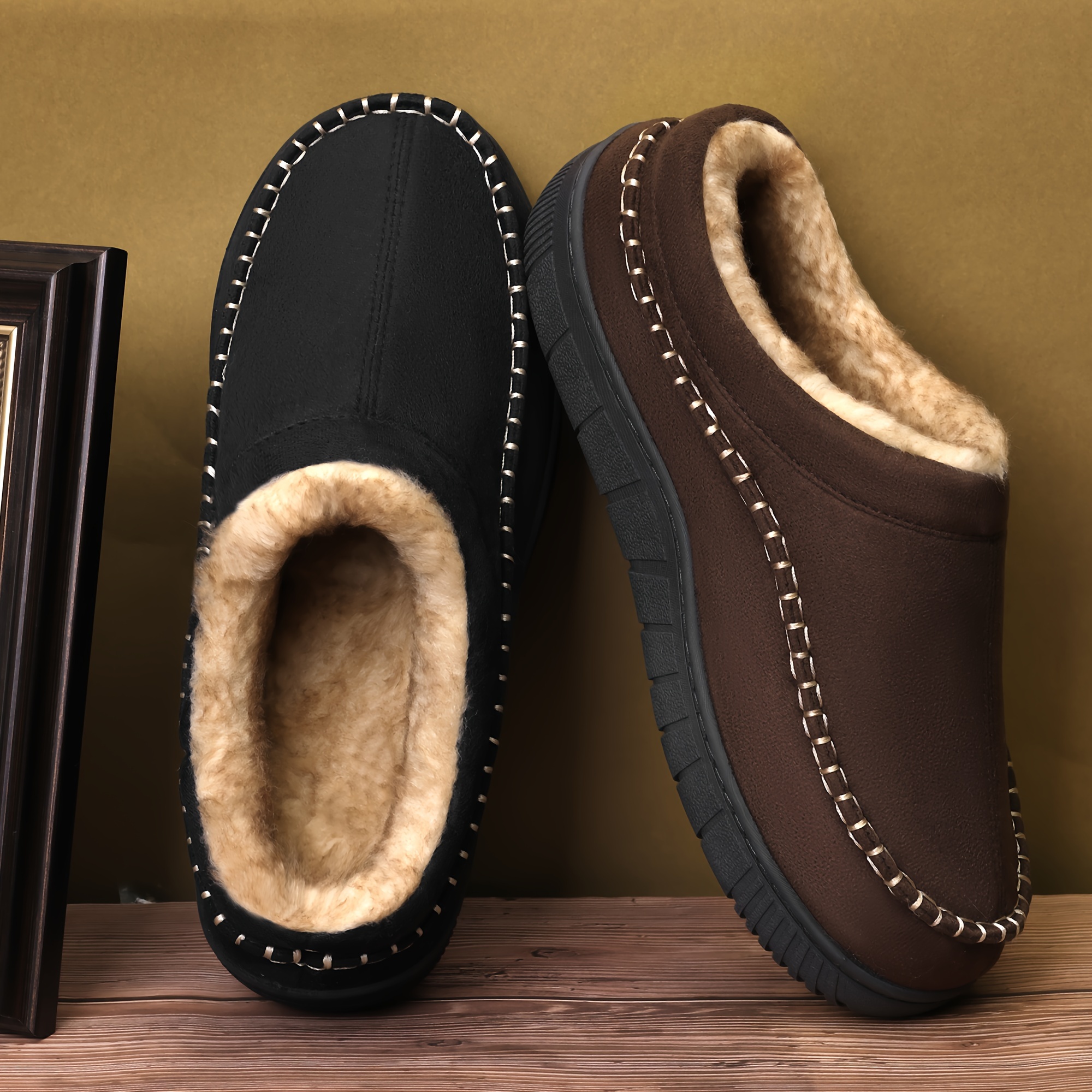 

Men's Casual Plush Slippers, Warm For Indoor & Outdoor, Solid Color, Slip-on, Fabric Upper, Tpr Sole, Fabric , Men's Home Slippers