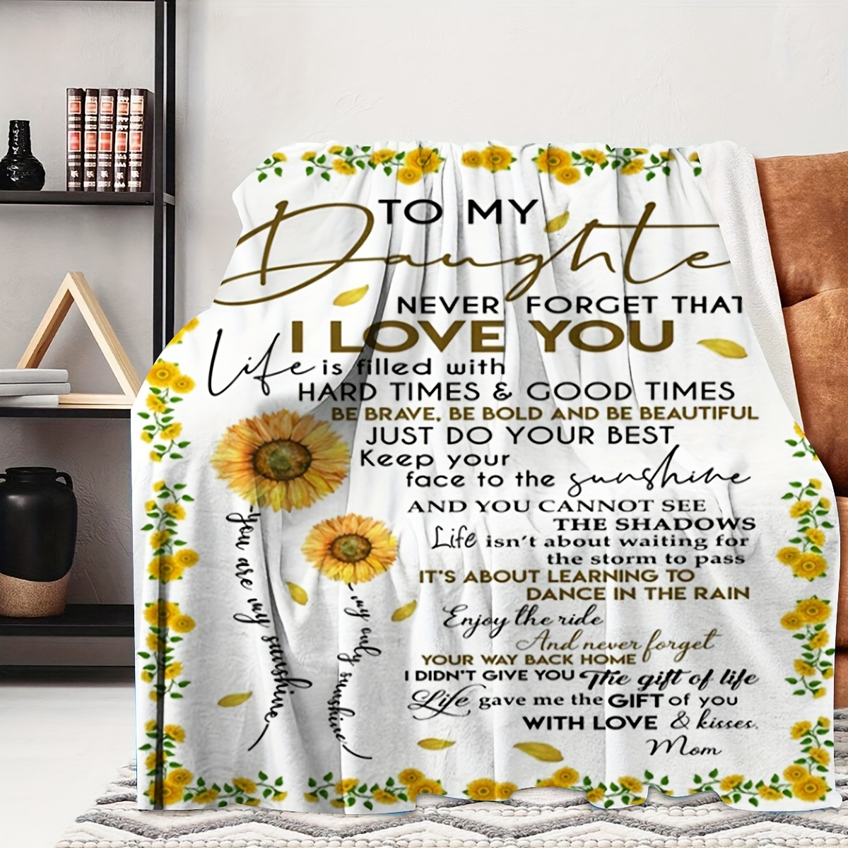 1pc sunflower print fleece blanket, contemporary letter throw
