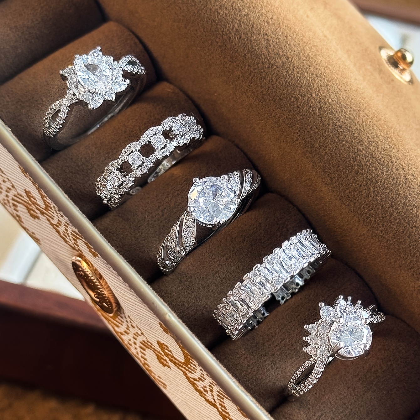 5pc Elegant Geometric Crown Copper Alloy Ring Set, Wedding Gift