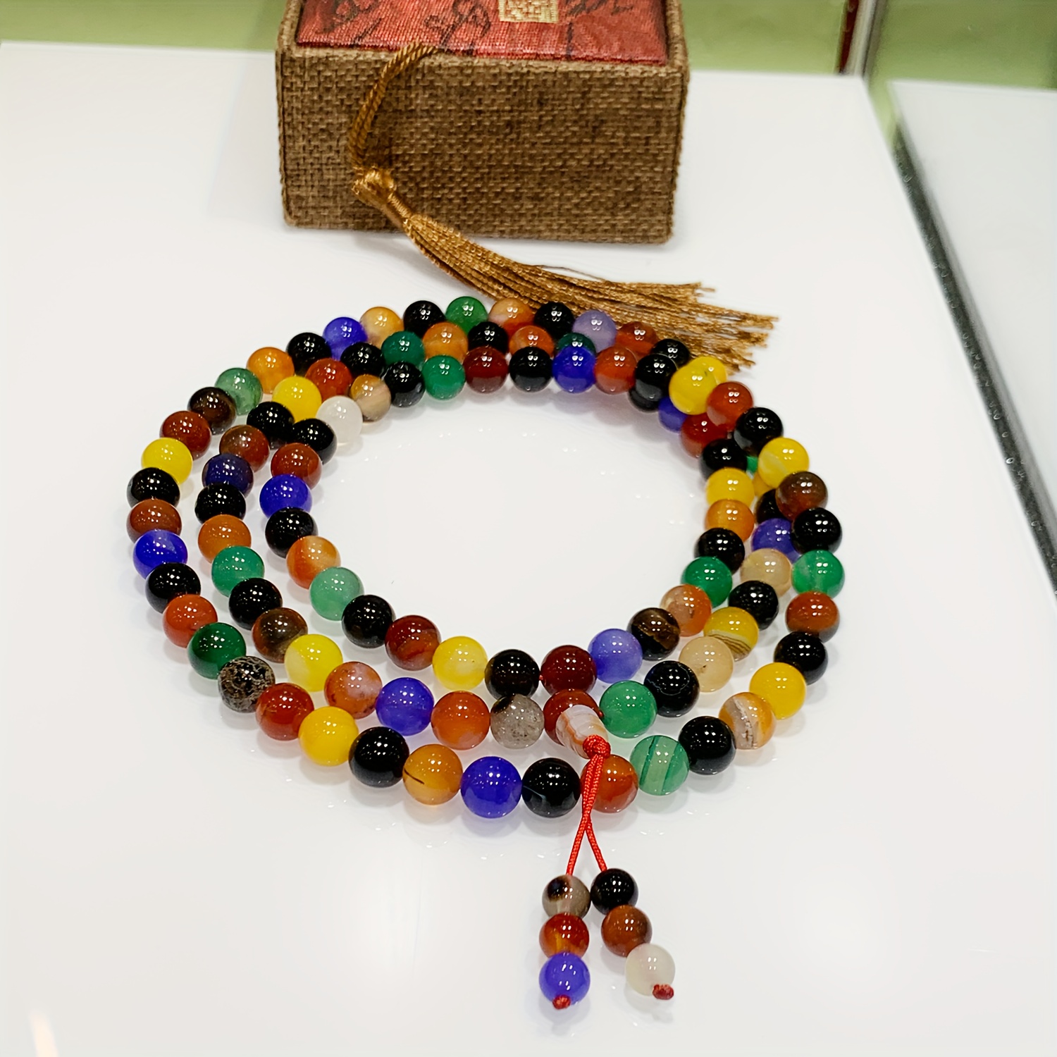 108pcs 8mm Agate Bead Bracelet Multicolor Gemstone Jewelry with Tassel