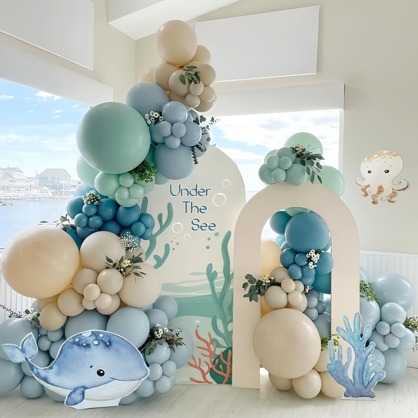 126pcs   balloon arch kit with latex balloons in   sand light green and navy blue   ocean themed shower or birthday party decorations ocean theme decorations 0