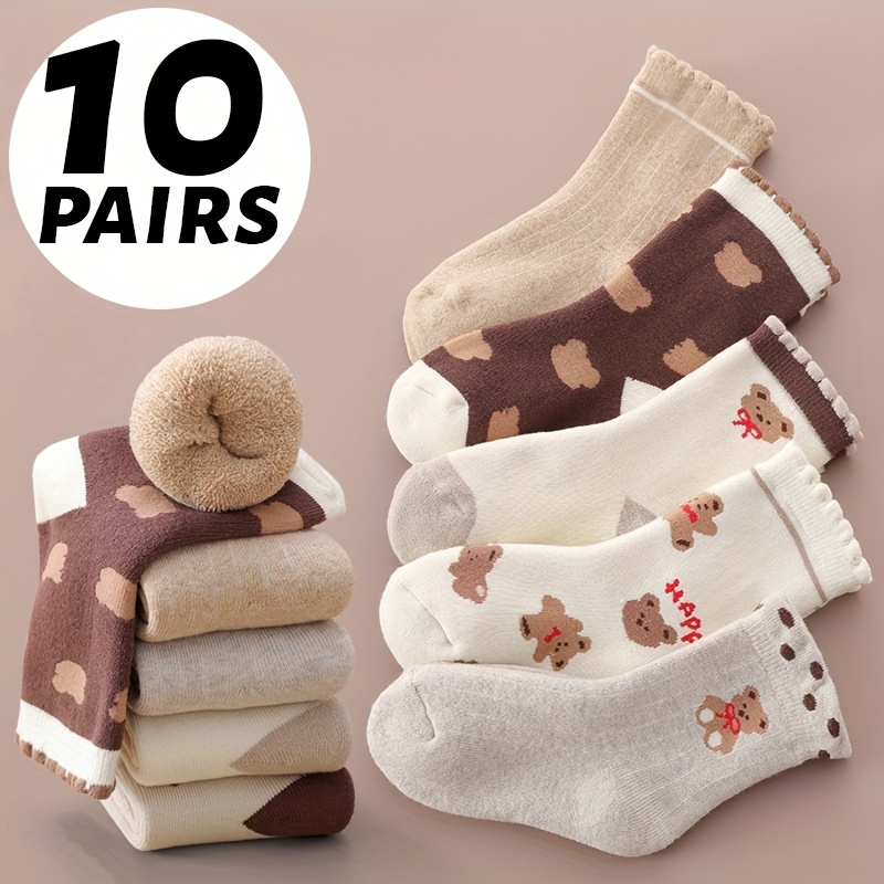 10 Pairs - Cute Bear Pattern Soft Socks, With Cartoon Designs, Pre-cut Short , Thick Knitted Structure, Suitable For Wearing In Cold Weather