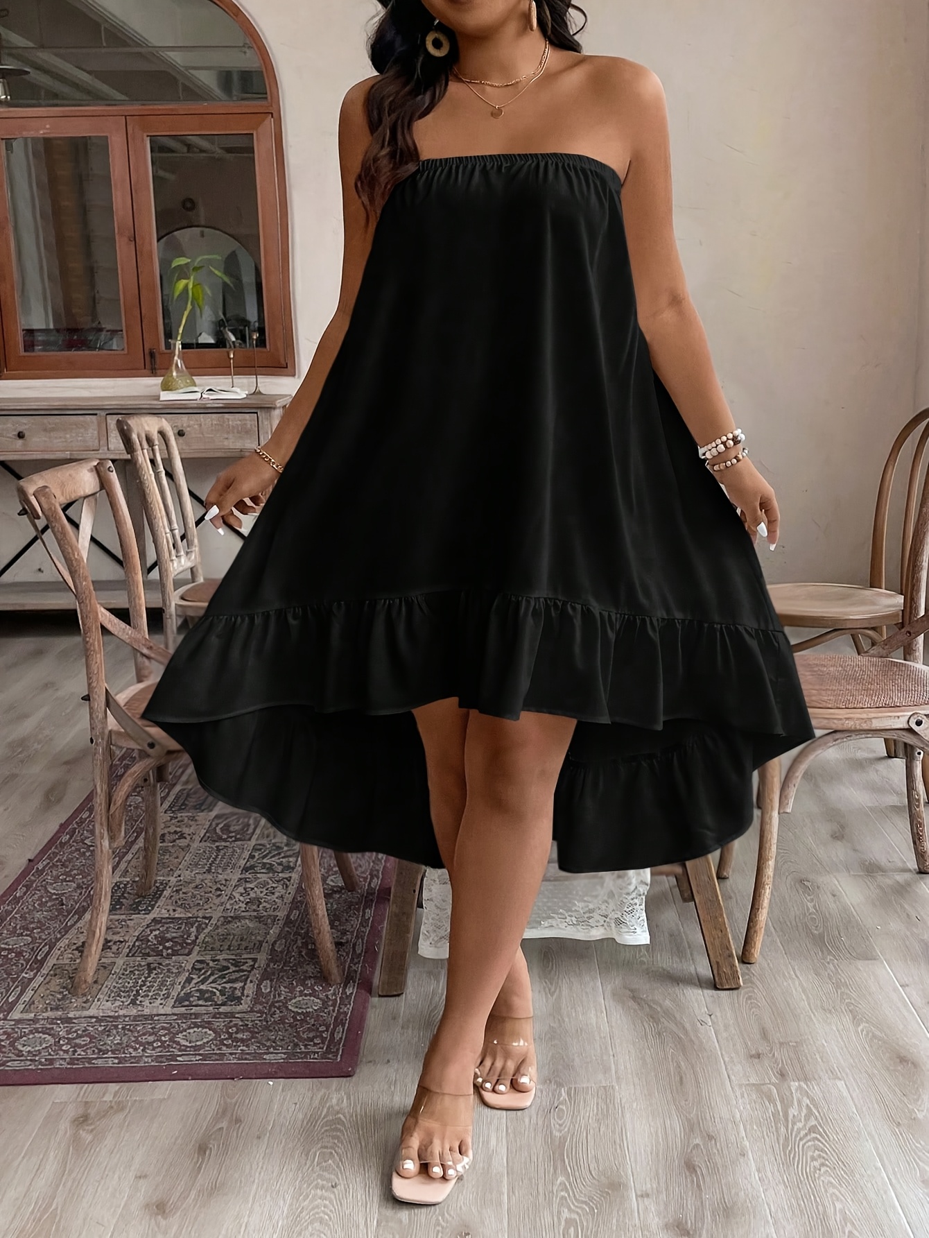 short in the front long in the back dresses black Evening Dress Black Strapless Front Short Back Long Maxi Gown-chiclody, Black  US2