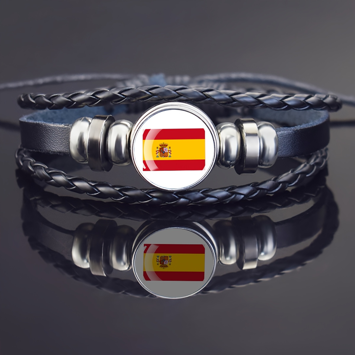 TEMU 1pc Pulsera Artificial Trenzada Multicapa con de Vidrio y Diseño de de España, Pulsera Ajustable para Hombre, Joyería de Moda, Uso Diario, Idea
