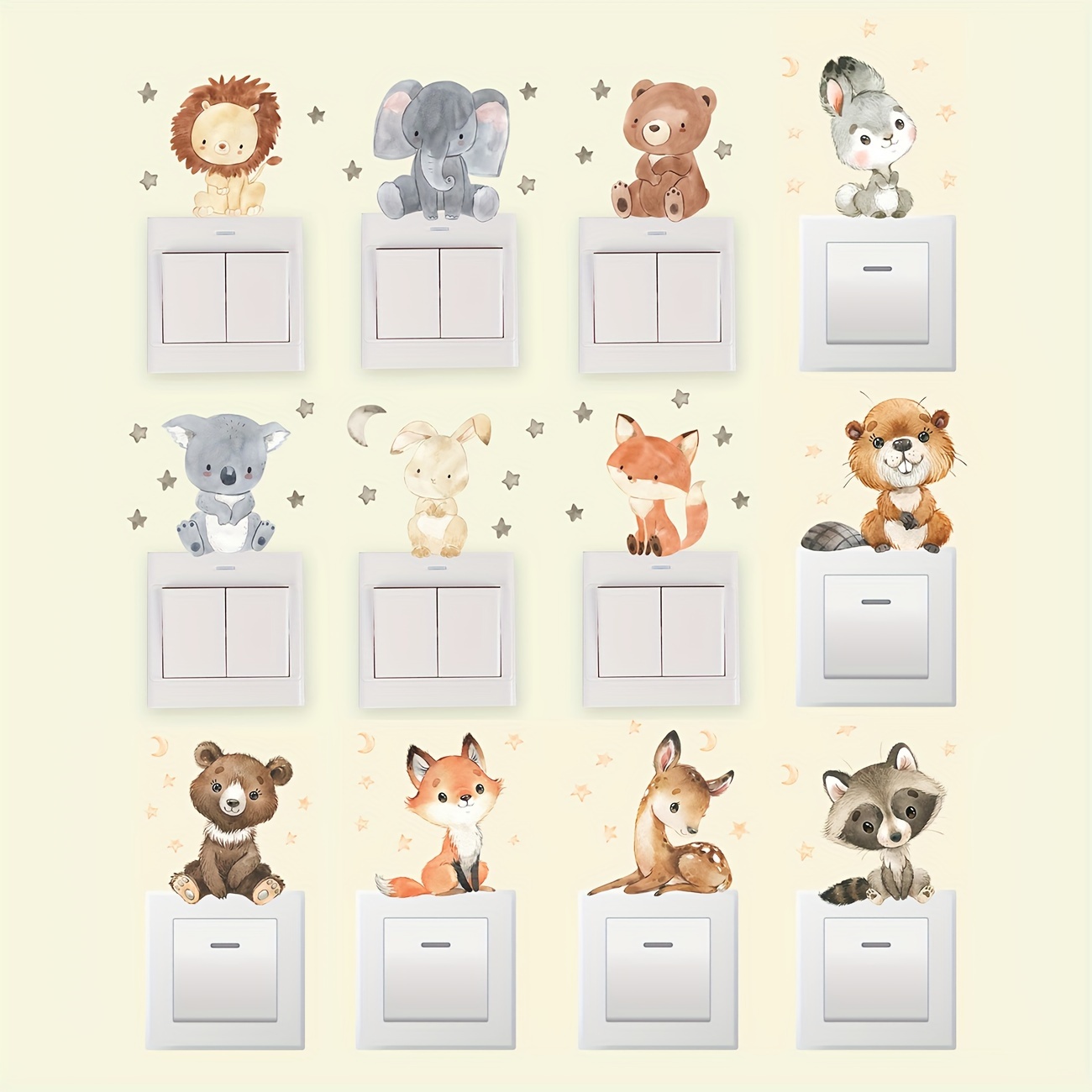 TEMU 12pcs Cartoon Cute Fox Bear Rabbit Wall Sticker Lion Elephant Small Animal Self-adhesive Switch Sticker Room Decoration
