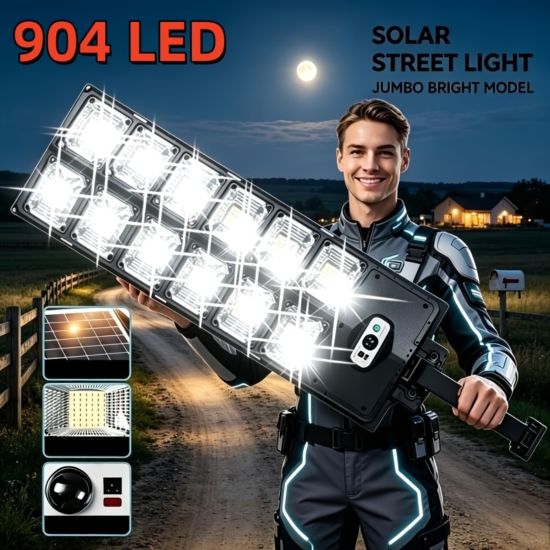 TEMU 2027 New 186/904 Led Type Led Solar-powered Street Lamp, 3 Of Lighting, 330° Wide-angle , Ip65 Waterproof, Suitable For Street Lights, Gardens,