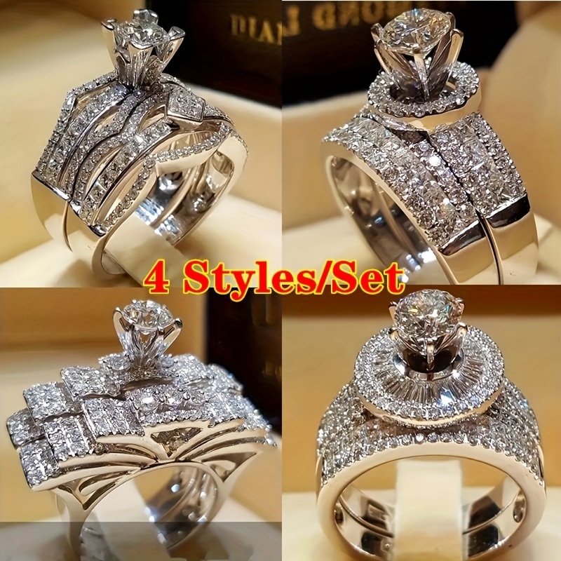 

4pcs Synthetic Zircon Ring Set, Engagement Wedding Jewelry, For Men And Women