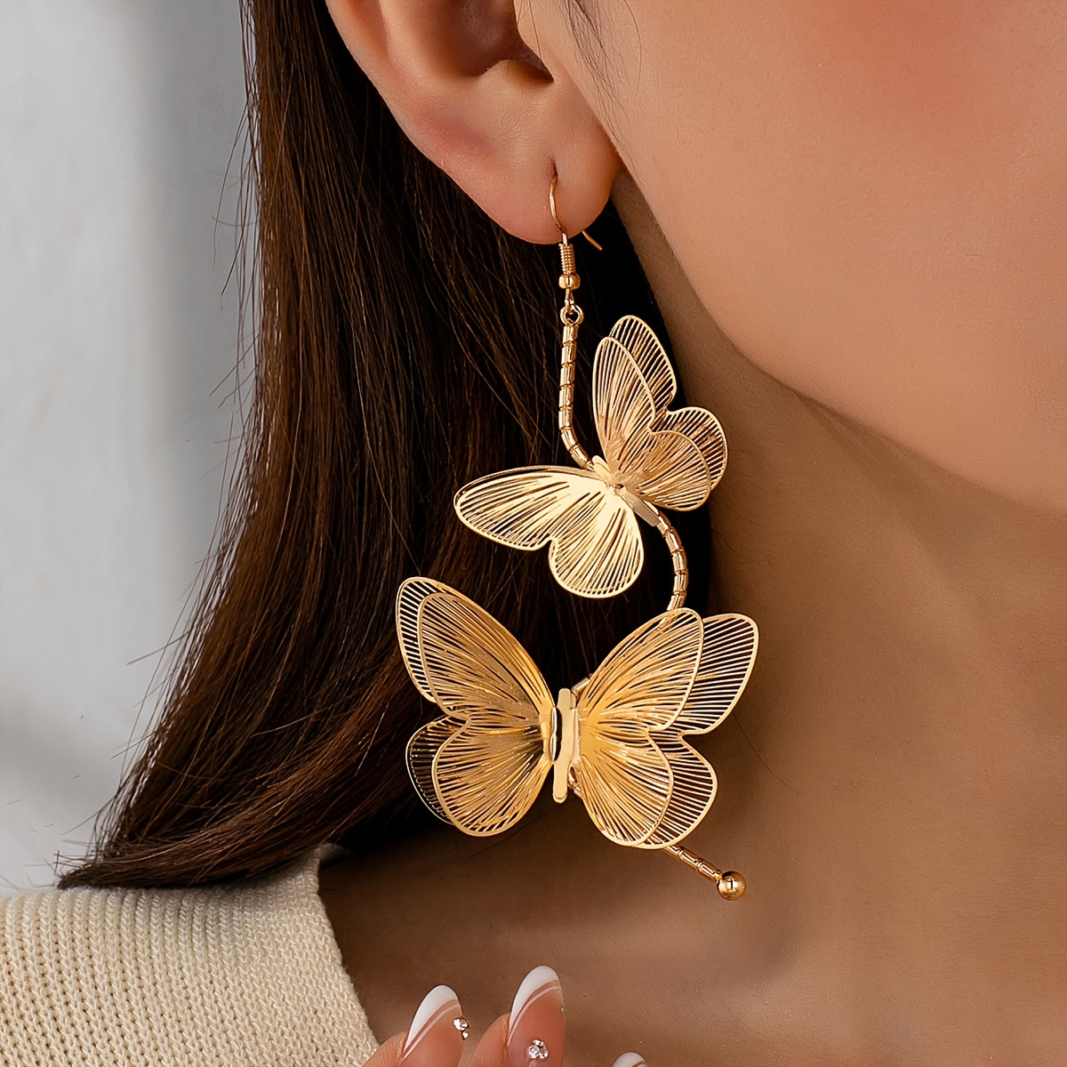 Women's Exaggerated French-style Double-layer Metal Butterfly Drop Earrings