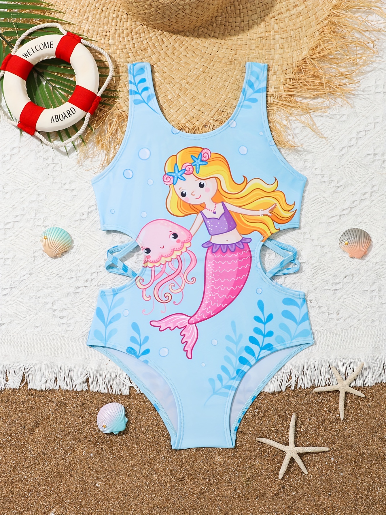 Toddler Girls Swimsuit Mermaid Print Spaghetti Strap One Temu