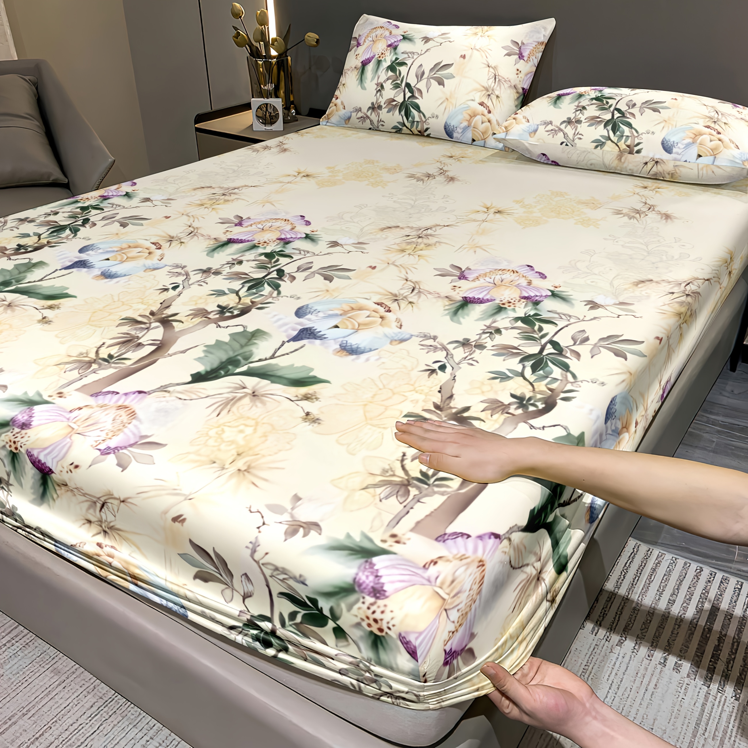 E-shop 3-teiliges Spannbettlaken-Set mit Blumenmuster, Matratzenschoner, modische klassische weiche bequeme atmungsaktive Bettwäsche mit tiefer Tasche,