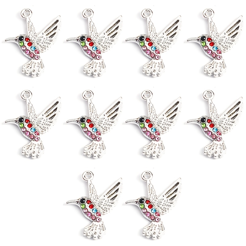 TEMU 10pcs Breloques en alliage de style vif avec strass colorés incrustés, pendentifs d'oiseau délicats pour marque-page de mode, carillon éolien et