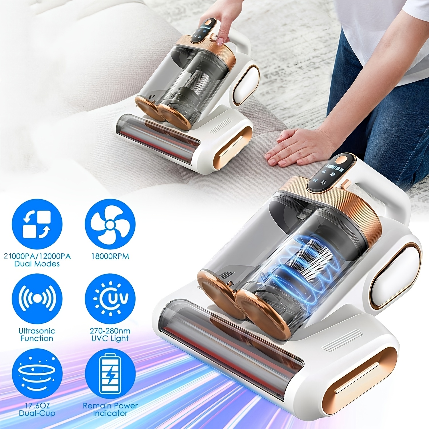 Cordless Mattress Vacuum Cleaner 21KPa – Handheld Bed Vacuum with UV-C Light, Hot Air Heating & Dual Dust Cup, Deep Cleaning Vacuum for Mattresses, Sofas, Pillows & Upholstery — Zaynora Luxury Marketplace