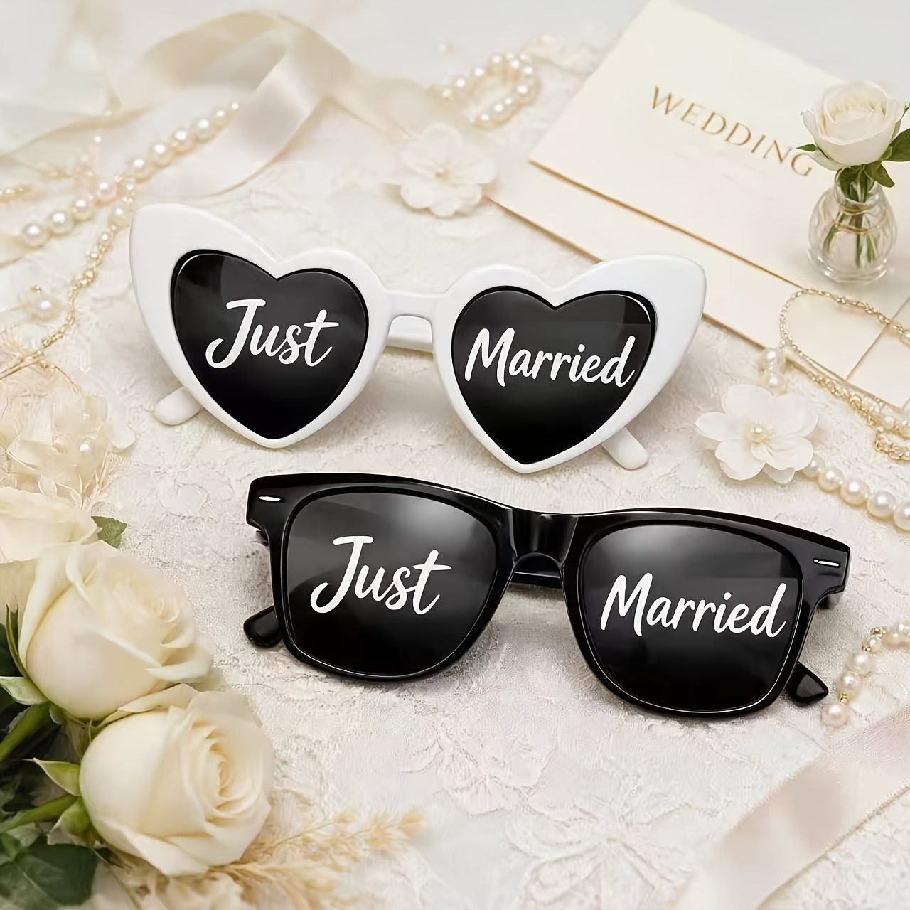 Image of 2 Pack Just Married Couple Glasses - White Heart & Black Square Frames Plastic Wedding Eyewear Suitable For Newlywed Photo Booth Props, Honeymoon Costume, Wedding Favors For