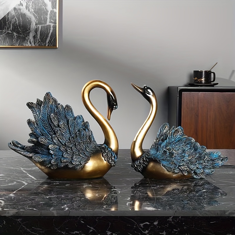 A Pair of Swan Statues – Luxurious Golden And Blue Resin Decorations for Living Room, Wine Cabinet, And TV Cabinet | Modern Home Decor Swan Decorations Desktop Ornaments Restaurant Wall Decorations Wall Stickers Decoration Office Entrance Ornaments