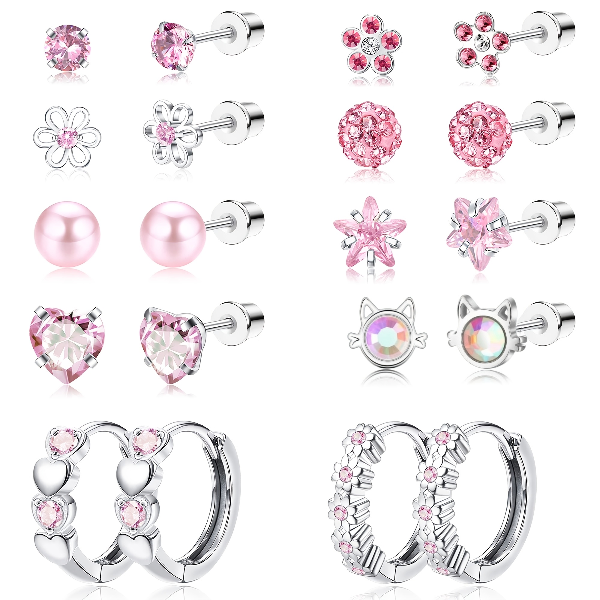 TEMU 10 Pairs Of 316l Stainless Steel Screw-back Earrings For Women And, Stainless Steel Studs, Small Hoop Huggie Earrings, Cute Cz Star Cartilage